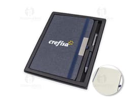 Kit contendo um caderno de anotações com capa dura e uma caneta elegante ao lado.