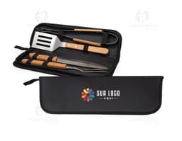 BBQ set 4 pieces in a black leather case containing metal and plastic utensils, such as knife, fork, spatula, and tongs.