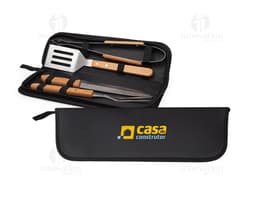 BBQ set 4 pieces in a black leather case containing metal and plastic utensils, such as knife, fork, spatula, and tongs.