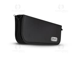 BBQ set 4 pieces in a black leather case containing metal and plastic utensils, such as knife, fork, spatula, and tongs.