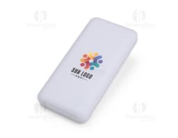Power Bank 10.000mAh na cor preta, com design slim e acabamento fosco. Acompanha cabo USB para recarga.