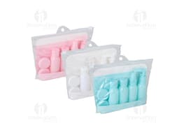 Kit viagem plástico 6 peças em diferentes tamanhos e cores.