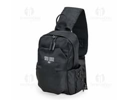 Mochila de ombro azul com capacidade de 6 litros, possui alças ajustáveis e bolso frontal com zipper.