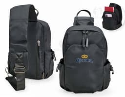 Mochila de ombro azul com capacidade de 6 litros, possui alças ajustáveis e bolso frontal com zipper.