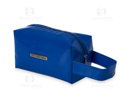 Waterproof Vinyl Cosmetic Bag in light pink with zipper closure and side handle.