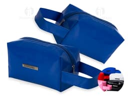 Waterproof Vinyl Cosmetic Bag in light pink with zipper closure and side handle.