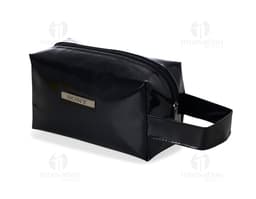 Waterproof Vinyl Cosmetic Bag in light pink with zipper closure and side handle.