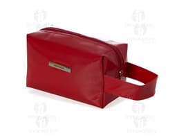 Waterproof Vinyl Cosmetic Bag in light pink with zipper closure and side handle.