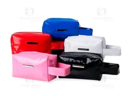 Waterproof Vinyl Cosmetic Bag in light pink with zipper closure and side handle.