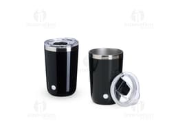 Copo com Misturador 300ml em cor azul transparente, com tampa de rosca e misturador interno.