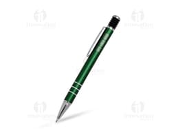 Silver metal pen with gold accents on a white background.
