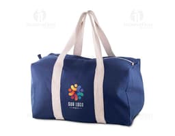 Black cotton sports bag with zipper closure, adjustable strap, pockets, and a modern casual design. Ideal for travel, gym, or