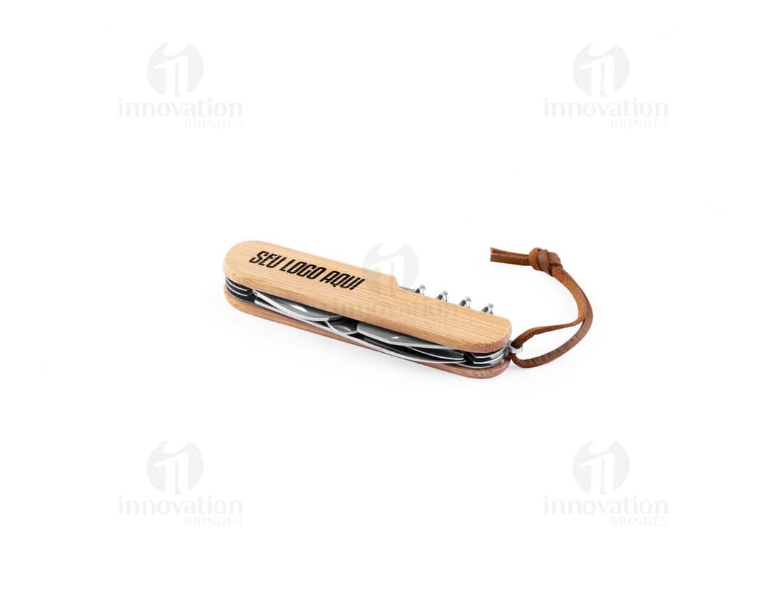 RYKER Multi-tool knife in bamboo and stainless steel with PU cord featuring 7 functions