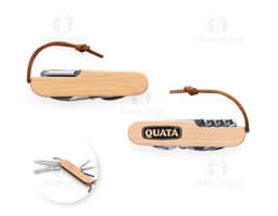 RYKER Multi-tool knife in bamboo and stainless steel with PU cord featuring 7 functions