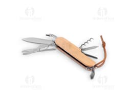 RYKER Multi-tool knife in bamboo and stainless steel with PU cord featuring 7 functions