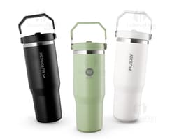 800ml black stainless steel thermal cup with screw lid and handle.
