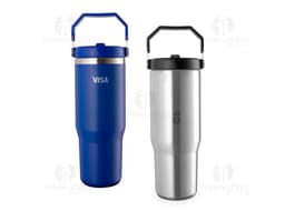 800ml black stainless steel thermal cup with screw lid and handle.