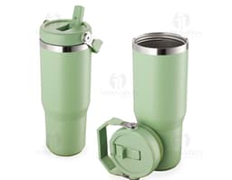 800ml black stainless steel thermal cup with screw lid and handle.