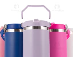 800ml black stainless steel thermal cup with screw lid and handle.