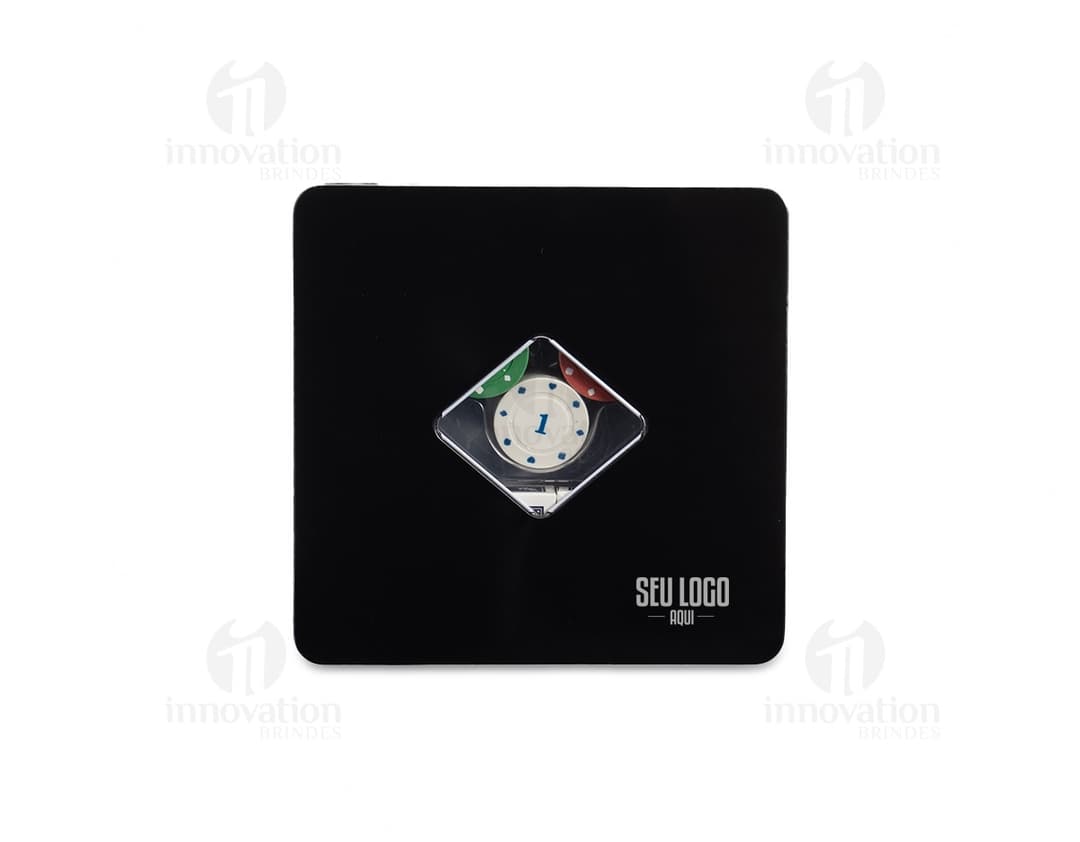 Image of a Poker Set with 100 chips, featuring a modern design in shades of black and silver. The set includes a notebook