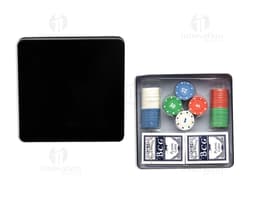 Image of a Poker Set with 100 chips, featuring a modern design in shades of black and silver. The set includes a notebook