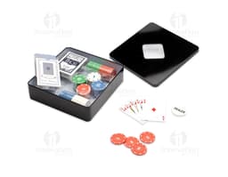 Image of a Poker Set with 100 chips, featuring a modern design in shades of black and silver. The set includes a notebook