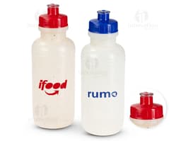 Transparent plastic bottle with lid and spout, containing liquid. Eco-Friendly Squeeze 500ml product.