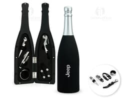 Kit vinho 5 peças contendo garrafa de champagne, taça de vinho, rolha, saca-rolhas e cápsula. Ideal para celebrações e