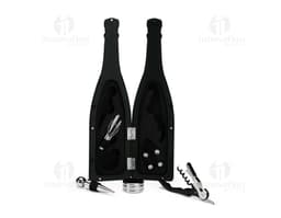 Kit vinho 5 peças contendo garrafa de champagne, taça de vinho, rolha, saca-rolhas e cápsula. Ideal para celebrações e