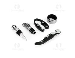 Kit vinho 5 peças contendo garrafa de champagne, taça de vinho, rolha, saca-rolhas e cápsula. Ideal para celebrações e