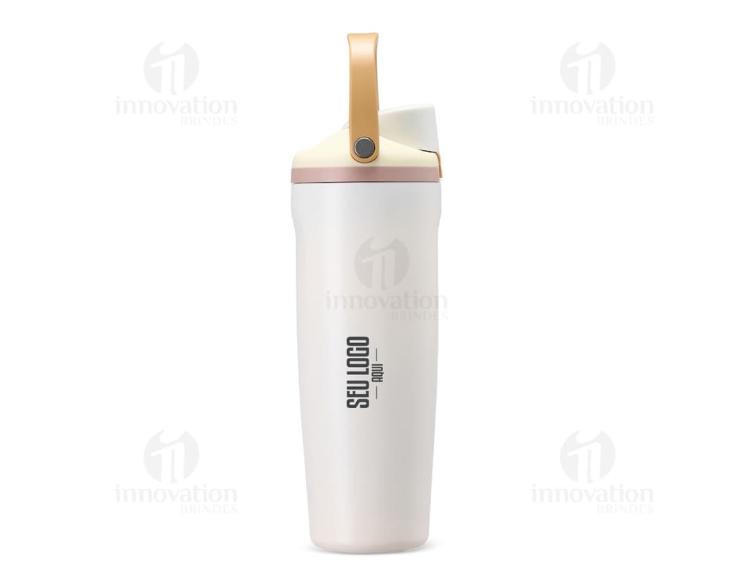Garrafa térmica de 850ml em material plástico com design metálico, tampa prateada e corpo transparente. Ideal para armazenar