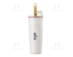 Garrafa térmica de 850ml em material plástico com design metálico, tampa prateada e corpo transparente. Ideal para armazenar