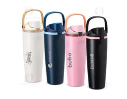 Garrafa térmica de 850ml em material plástico com design metálico, tampa prateada e corpo transparente. Ideal para armazenar