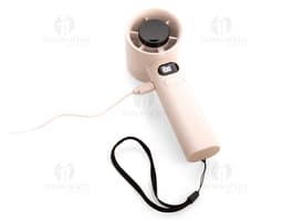 Mini ventilador recarregável em metal prateado com botões de controlo e design moderno. Funciona por meio de um mecanismo