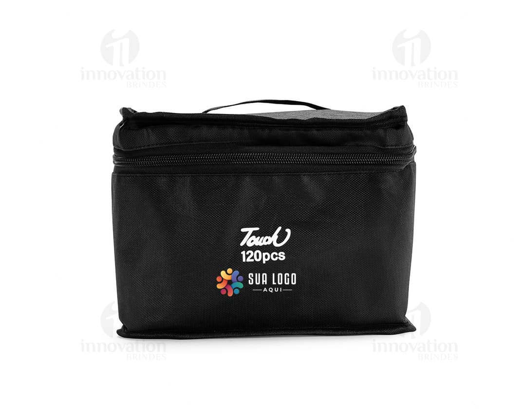 Kit de canetas marcadoras 120 cores em um estojo de couro preto, ideal para viagens e negócios. O acessório possui alça para