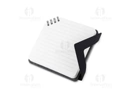 Black leather mini notebook open on an office desk, next to a laptop and various electronic devices. It contains blank pages