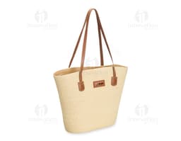 Bolsa de papel torcido marrom, de estilo moderno e elegante. Possui alça de couro, zíper e fecho de metal, ideal para compras