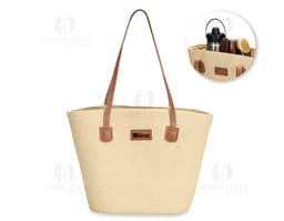 Bolsa de papel torcido marrom, de estilo moderno e elegante. Possui alça de couro, zíper e fecho de metal, ideal para compras