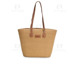 Bolsa de papel torcido marrom, de estilo moderno e elegante. Possui alça de couro, zíper e fecho de metal, ideal para compras