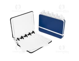 Caderno de disco percalux em prata, design moderno, aberto com papel em branco, teclado, pen drive, equipamento de