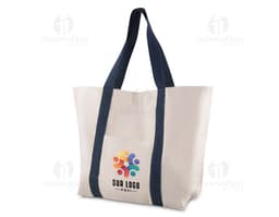Sacola em algodão reciclável preta com alças de couro, fecho de zíper e design moderno e elegante. Ideal para compras