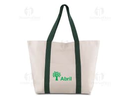 Sacola em algodão reciclável preta com alças de couro, fecho de zíper e design moderno e elegante. Ideal para compras