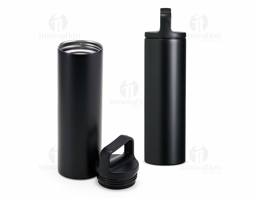 Garrafa inox de cor prata com tampa rosqueável, vista de cima.