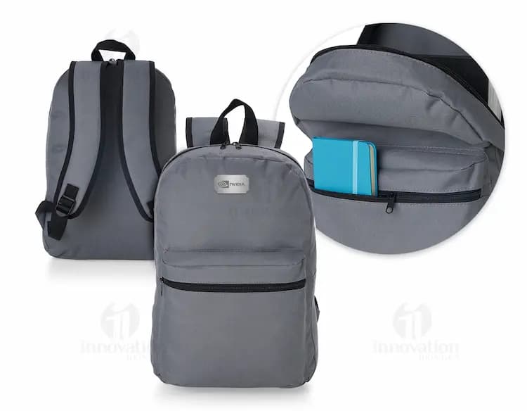 Mochila notebook em poliéster azul escuro, com alças de couro, zíper, bolsos e compartimentos de armazenamento. Ideal para viagens, esportes, escola e lazer.