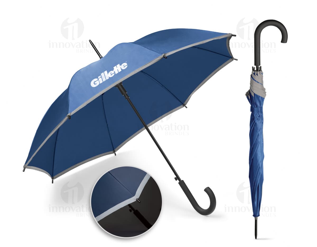Guarda chuva de poliéster com estrutura de madeira automática.
