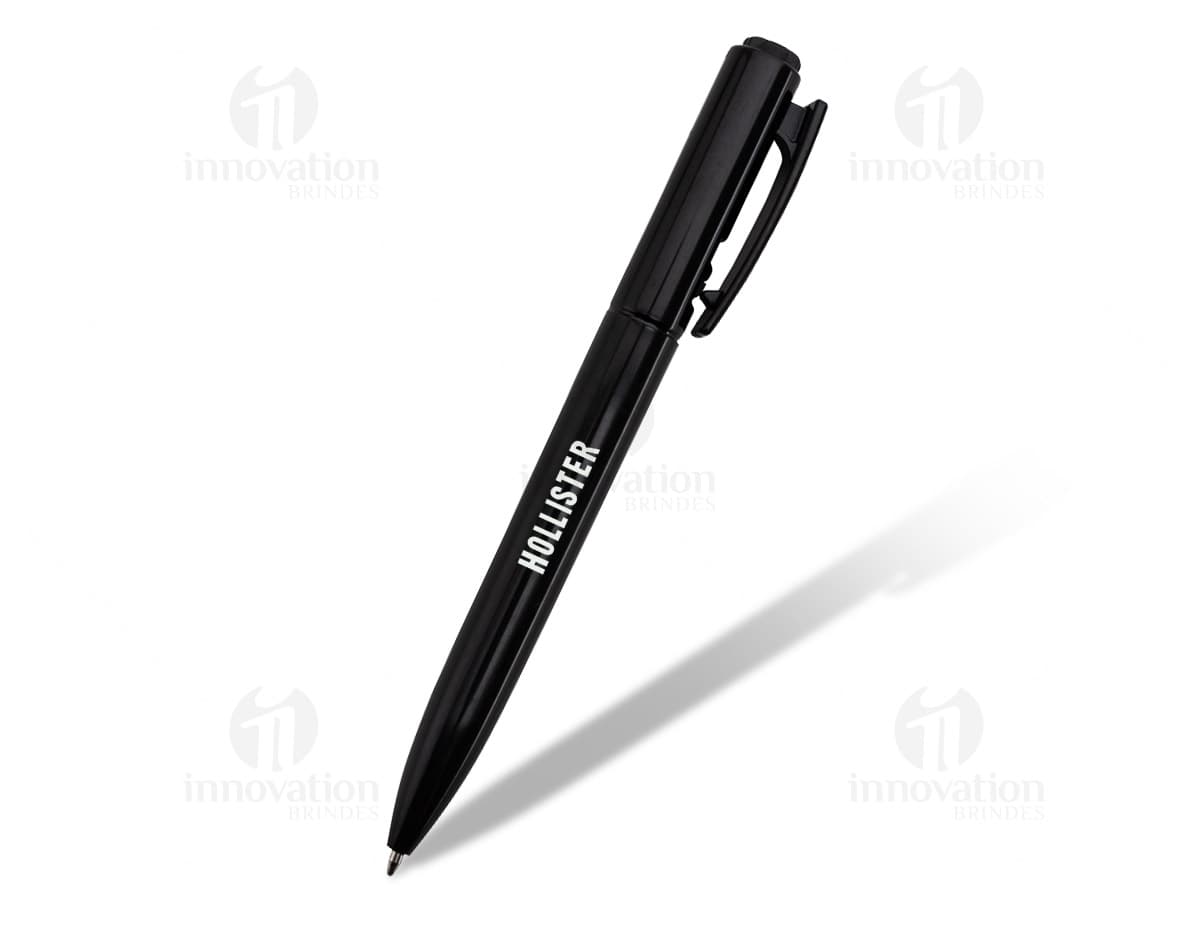Caneta pen drive 8GB em formato de caneta com corpo preto e detalhes em prata.