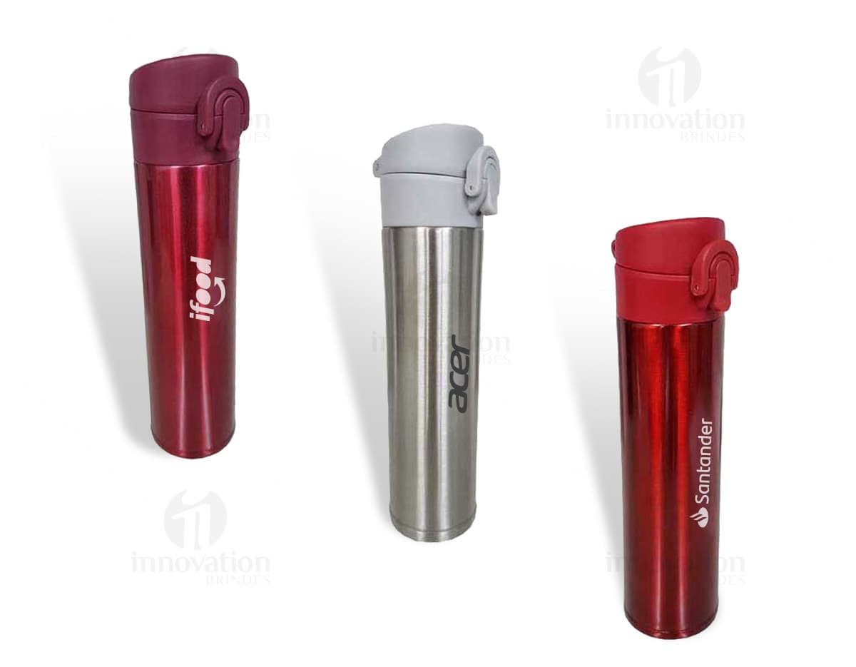 Garrafa térmica de 350 ml em cor metálica, com tampa rosqueável e alça para transporte.