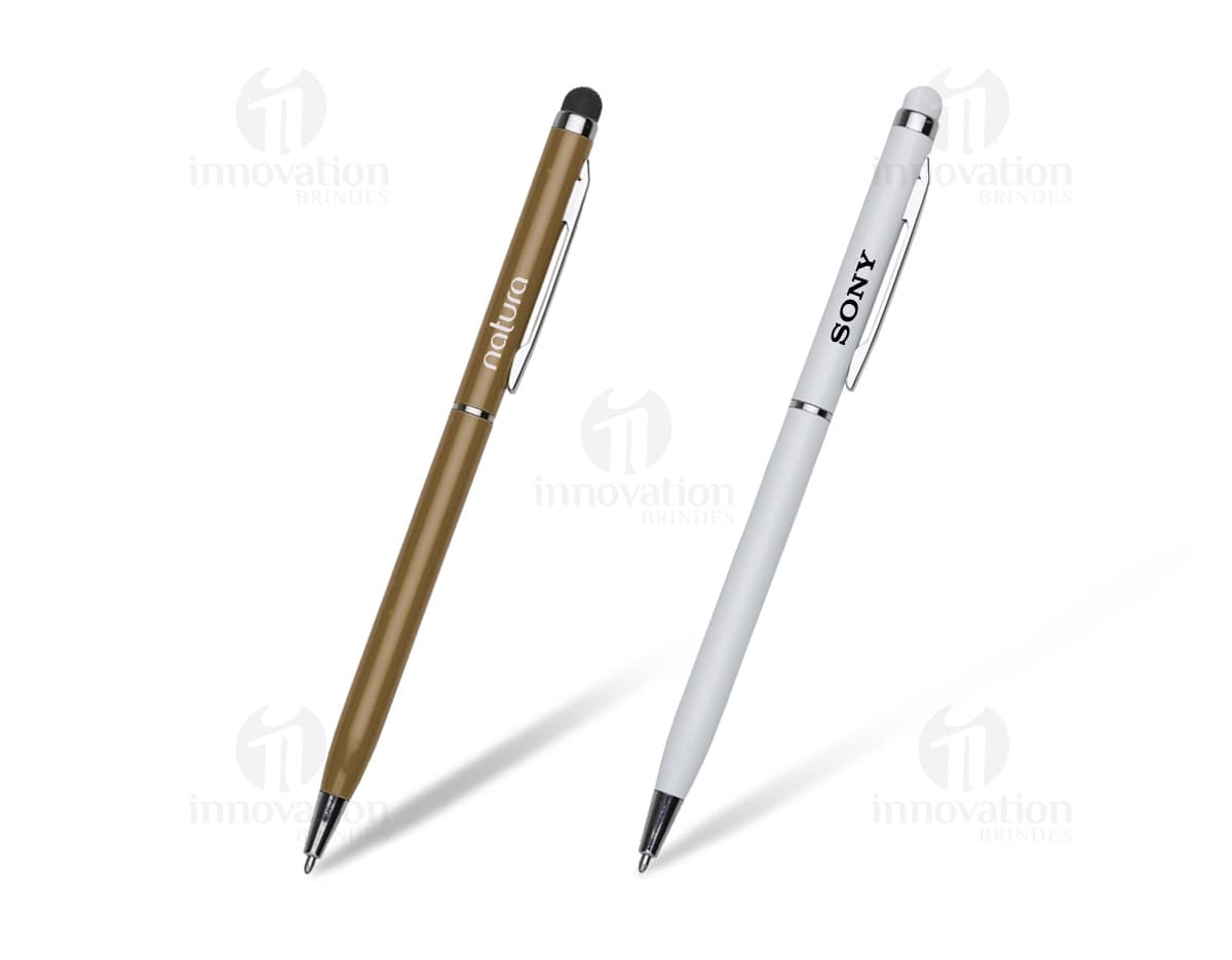 Caneta metal fina com ponta touch na cor prata.
