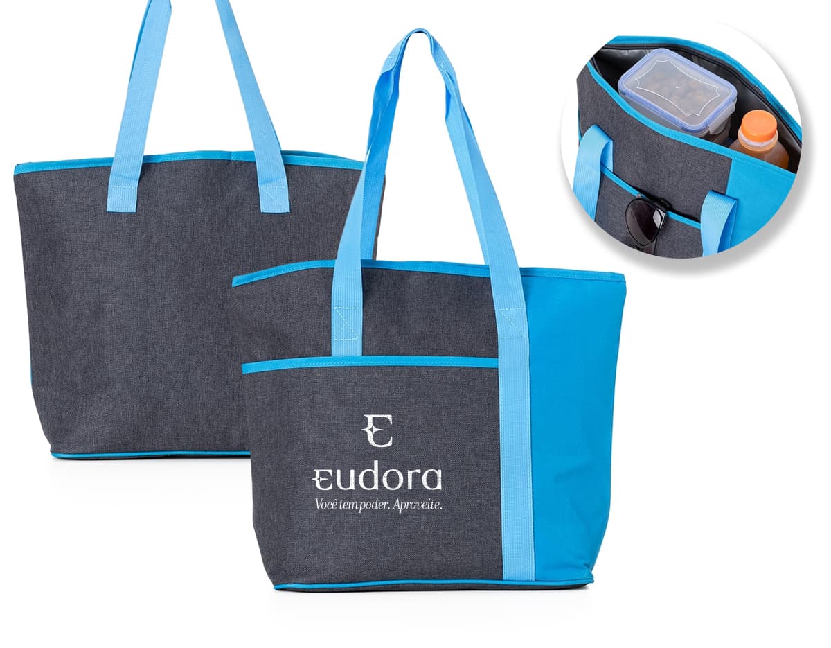 Bolsa térmica de 12 litros com alça de mão e alça de ombro ajustável, na cor azul marinho com detalhes em cinza.