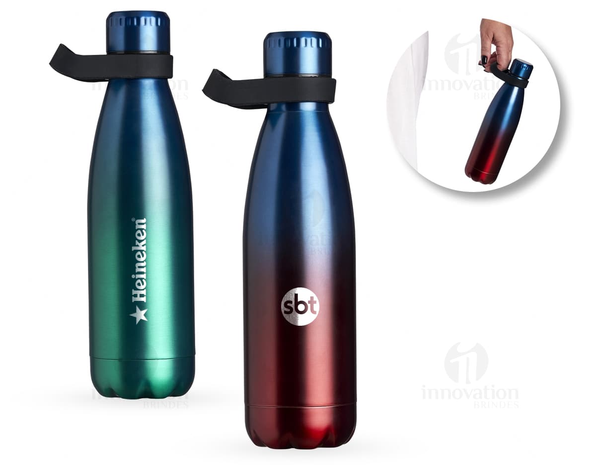 Garrafa Térmica 510ML em aço inox com tampa rosqueável e alça, ideal para manter a temperatura de líquidos por horas.
